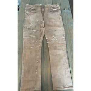 Embellish NYC Biker Heavily Distressed Paint Blush Brown Denim Jeans Men’s 38X33